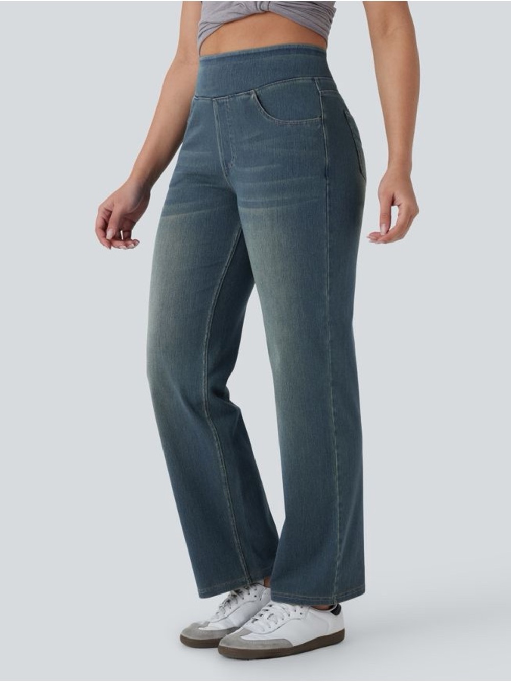 HALARA High-Rise Wide Leg Jeans in Slate Blue-Green
